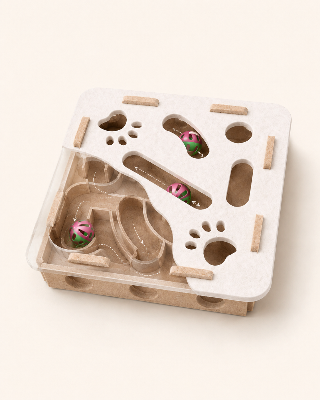 Illustration showing the internal ball pathways of the Peek & Pounce puzzle maze