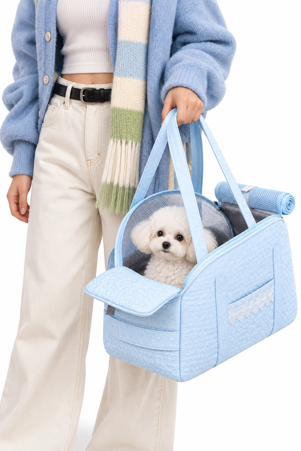Nuzziva CloudQuilt blue pet tote carry detail [variant:NUZ-CLOUDQUILT-BLUE] lifestyle