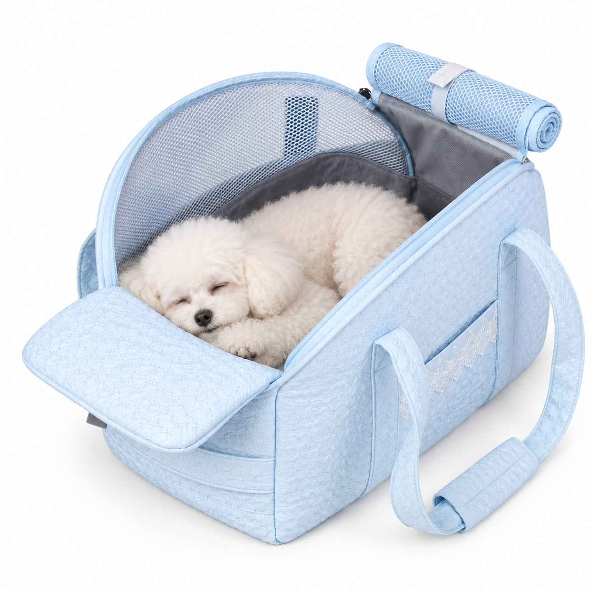 Nuzziva CloudQuilt blue pet tote with a dog resting inside [variant:NUZ-CLOUDQUILT-BLUE] lifestyle