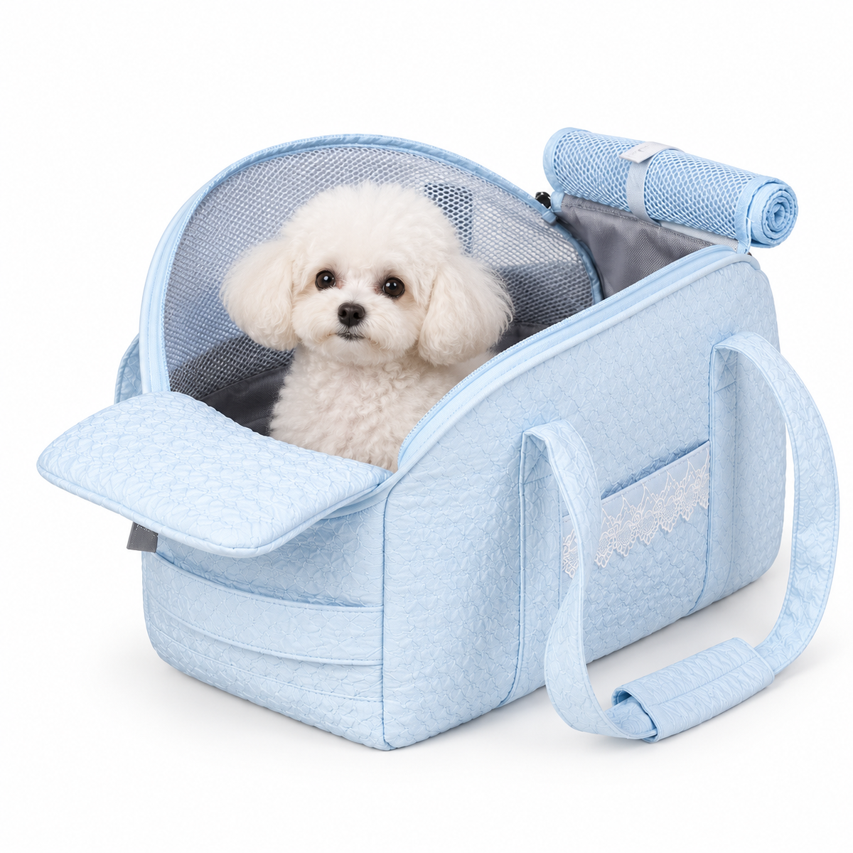 Nuzziva CloudQuilt pet travel tote in blue with a small dog [variant:NUZ-CLOUDQUILT-BLUE]