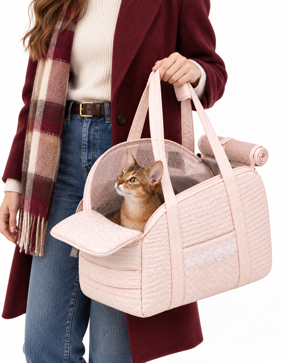 Nuzziva CloudQuilt pink pet tote carried with a cat [variant:NUZ-CLOUDQUILT-PINK] lifestyle