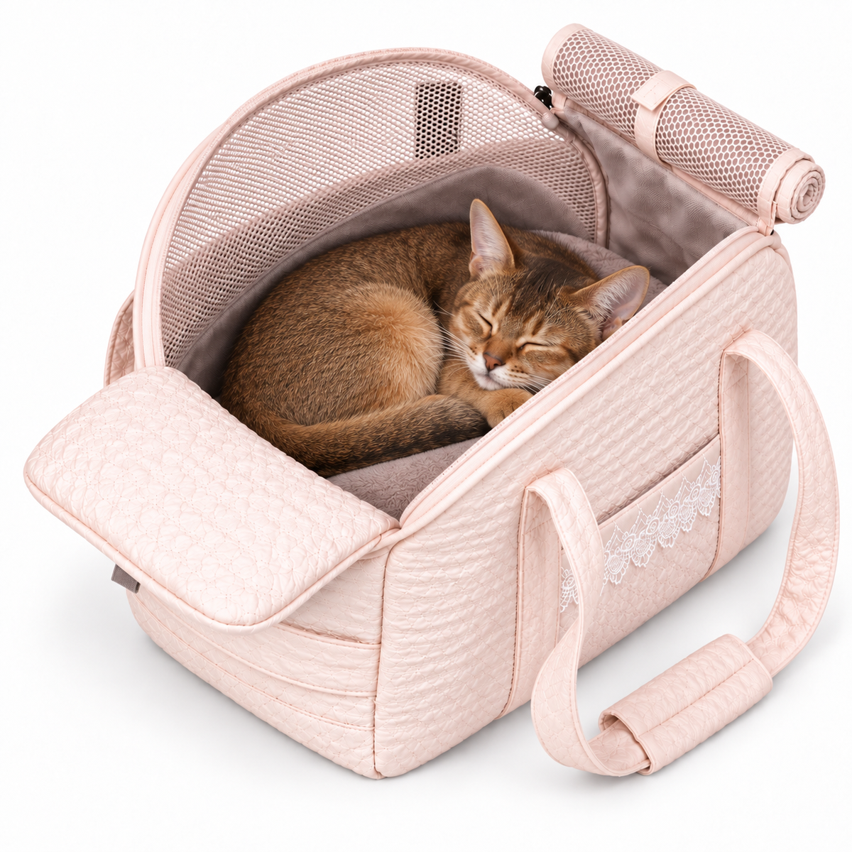 Nuzziva CloudQuilt pink pet tote with a cat resting inside [variant:NUZ-CLOUDQUILT-PINK] lifestyle