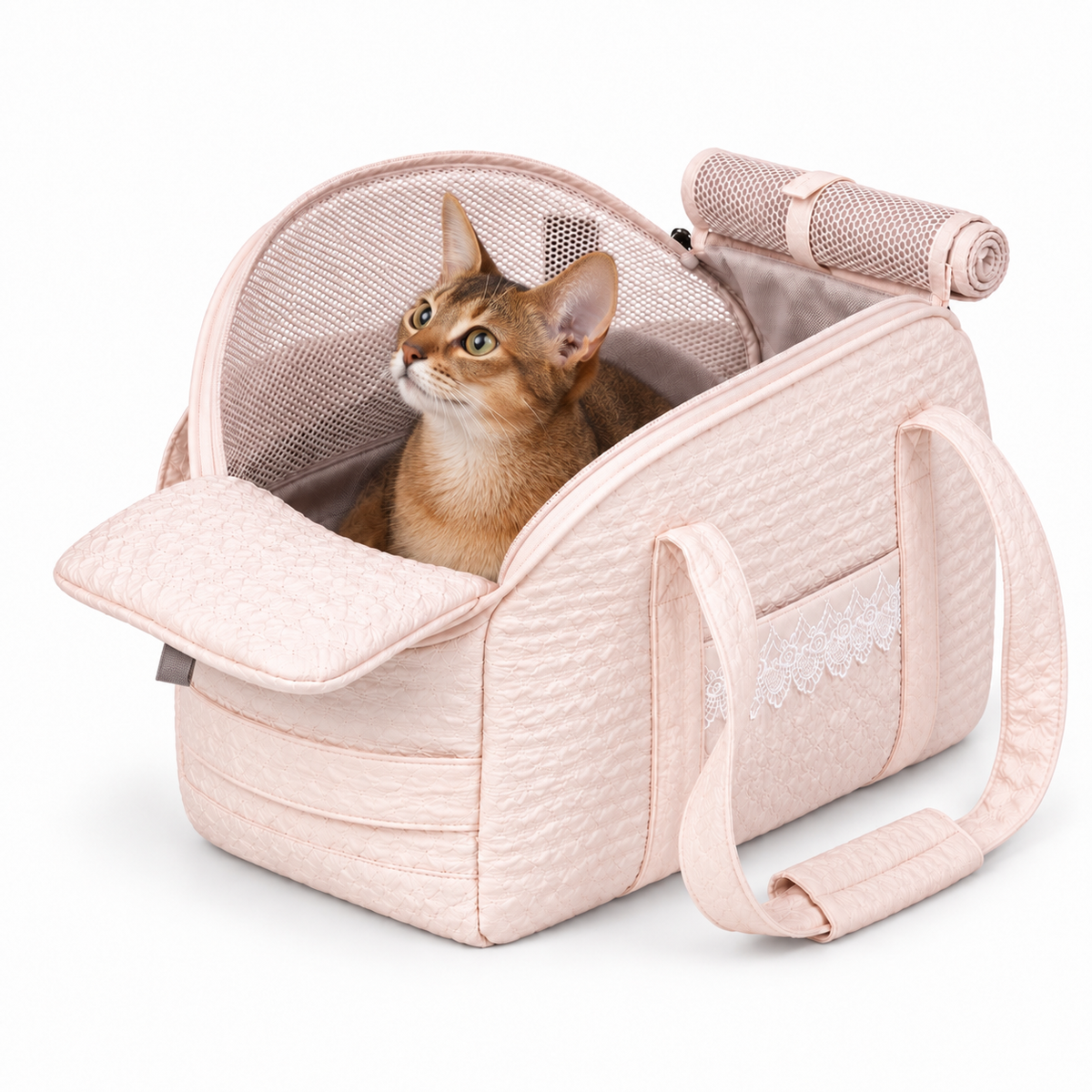 Nuzziva CloudQuilt pet travel tote in pink, front studio view [variant:NUZ-CLOUDQUILT-PINK]