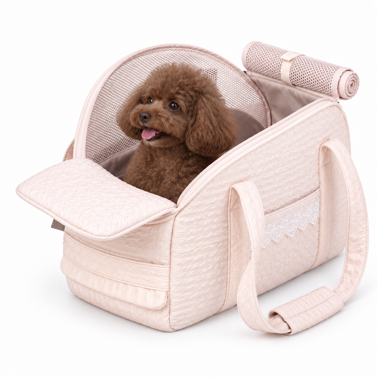 Nuzziva CloudQuilt pet travel tote in pink with a small dog [variant:NUZ-CLOUDQUILT-PINK]