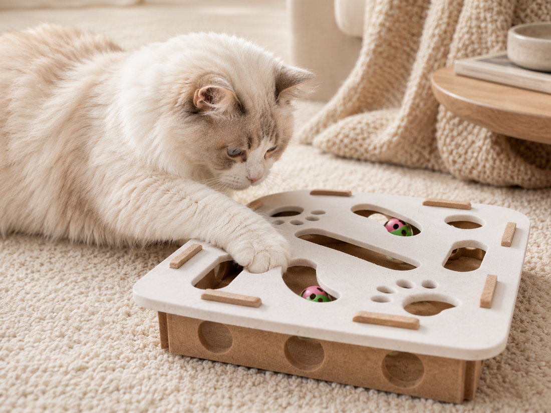 Cat reaching into the Camel White Peek & Pounce felt puzzle maze