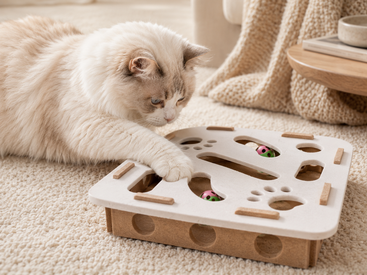 Cat reaching into the Camel White square Peek & Pounce puzzle maze