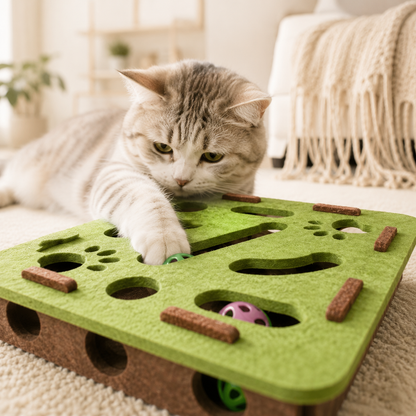 Close-up of a cat reaching for bell balls in the Catnip Green puzzle maze
