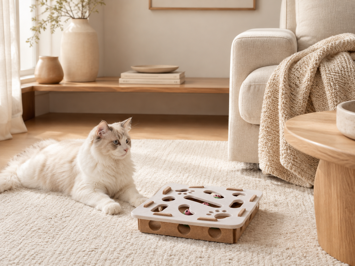 Camel White square Peek & Pounce puzzle maze in a calm indoor setting with a cat