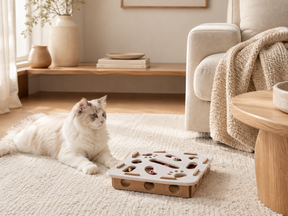 Camel White square Peek & Pounce puzzle maze in a calm indoor setting with a cat