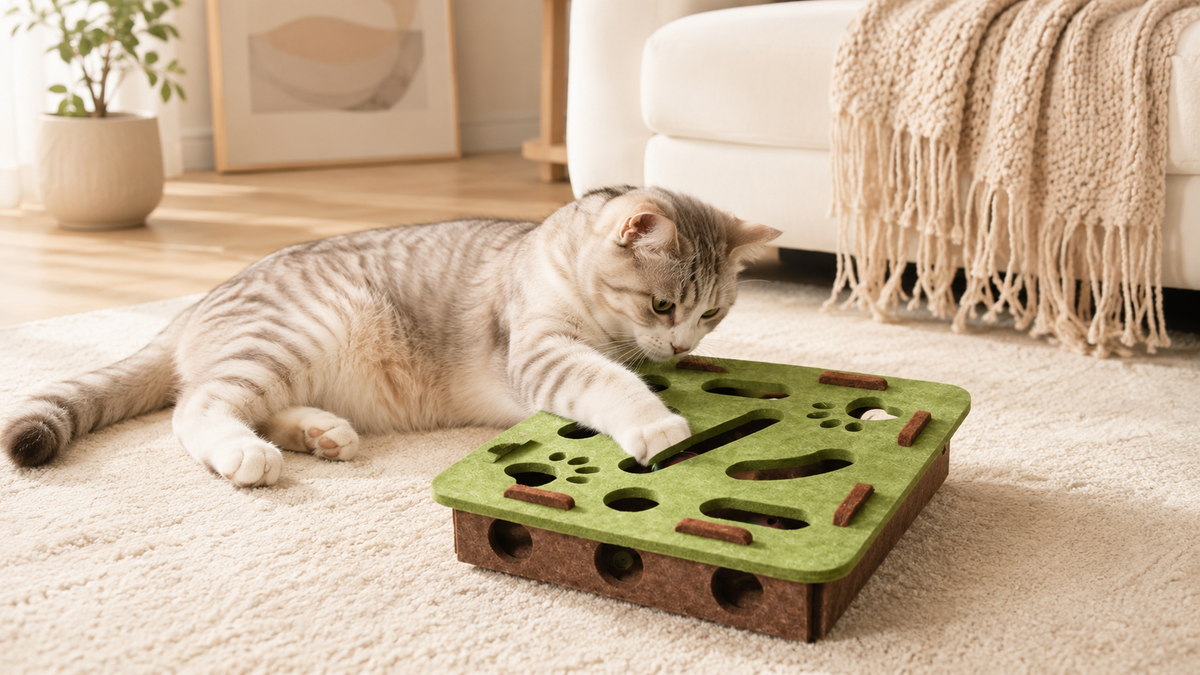 Cat playing with the Catnip Green Peek & Pounce felt puzzle maze in a living room