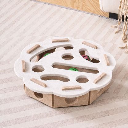 Round Peek & Pounce felt cat puzzle maze in Camel White
