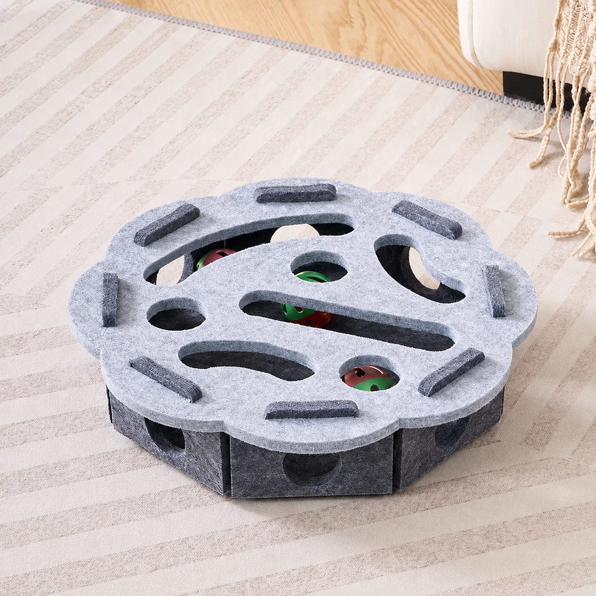 Round Peek & Pounce felt cat puzzle maze in Soft Gray