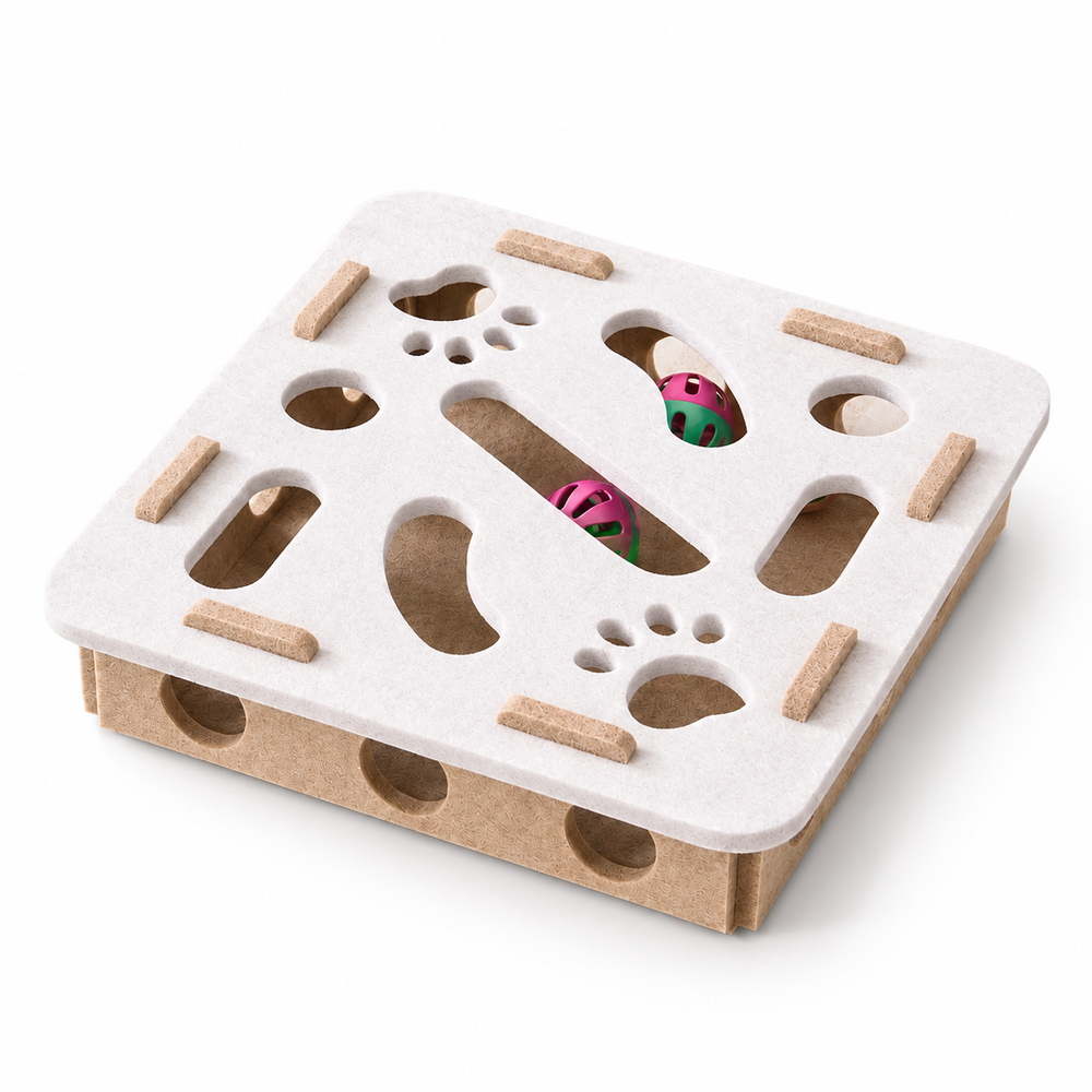 Square Peek & Pounce felt cat puzzle maze in Camel White [variant:NUZ-PP-FELT-01]