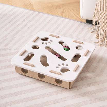 Square Peek & Pounce felt cat puzzle maze in Camel White