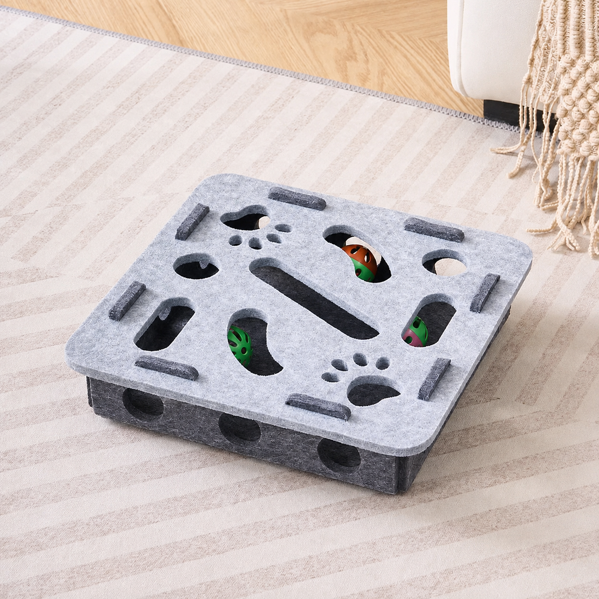 Square Peek & Pounce felt cat puzzle maze in Soft Gray