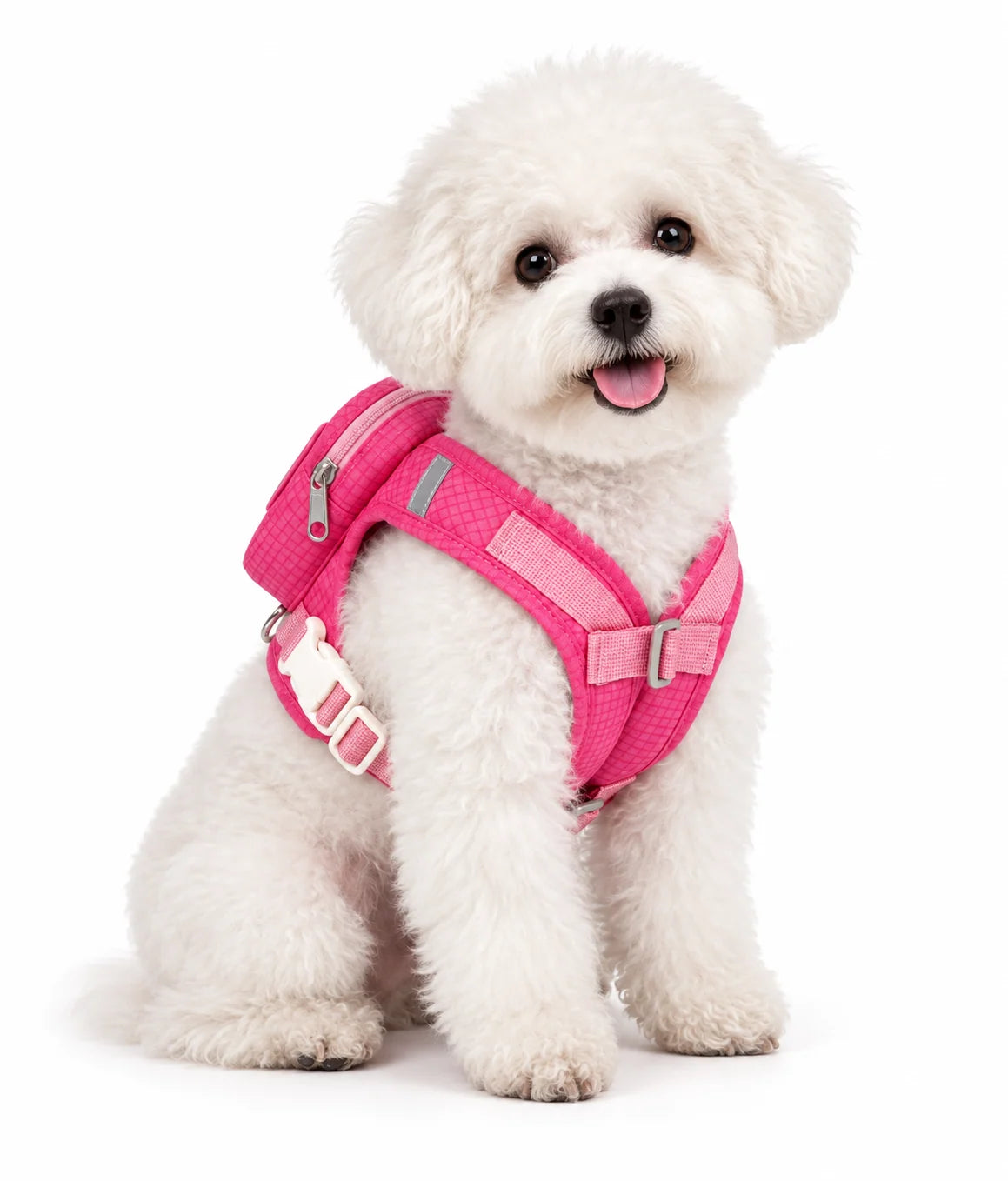 Dog wearing the pink PawPocket Harness & Leash Set