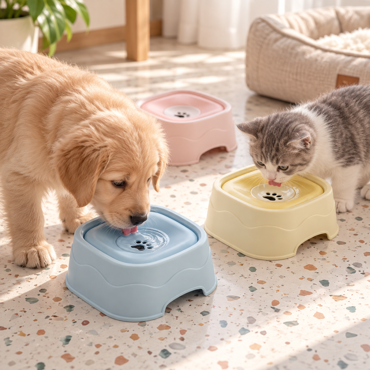 Dog and cat using RippleSip floating water bowls
