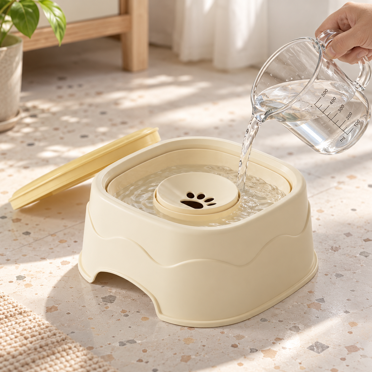 Fresh water being poured into RippleSip floating water bowl