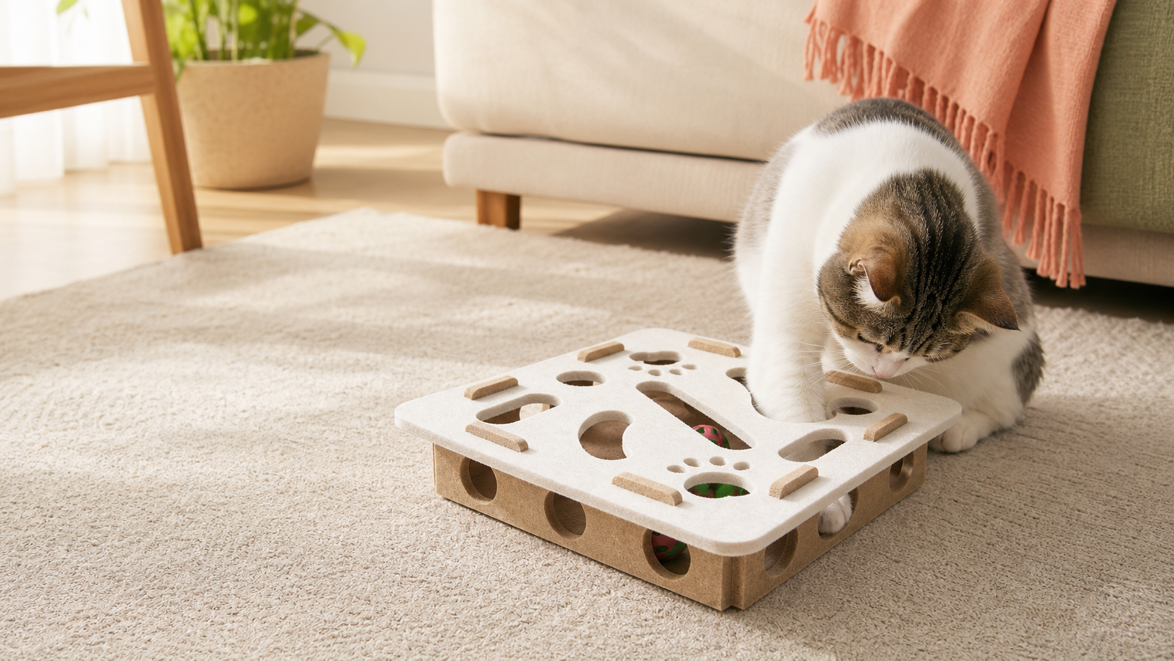 Cat reaching into a camel white felt puzzle maze